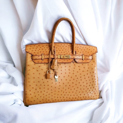 HERMES Brown Ostrich Skin Birkin 35