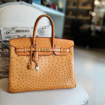 HERMES Brown Ostrich Skin Birkin 35